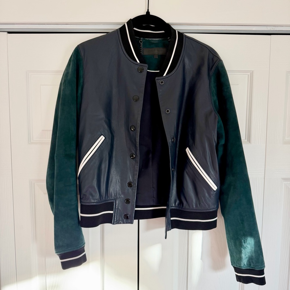Rag & Bone Navy and Green Leather Varsity Jacket